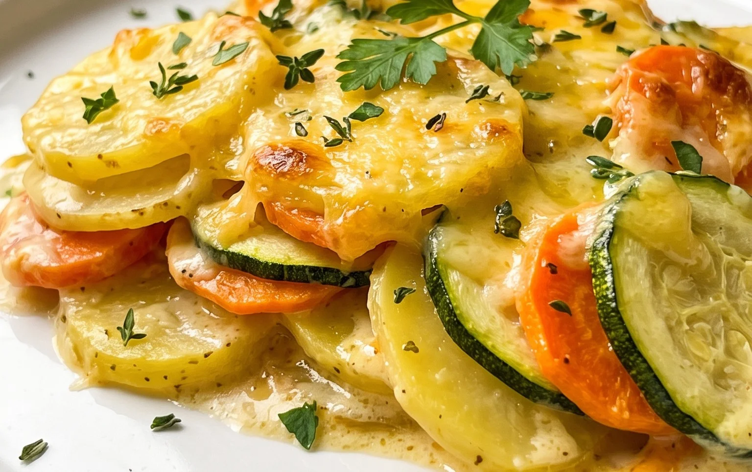 Vegetarischer Kartoffelauflauf mit Zucchini und Karotten