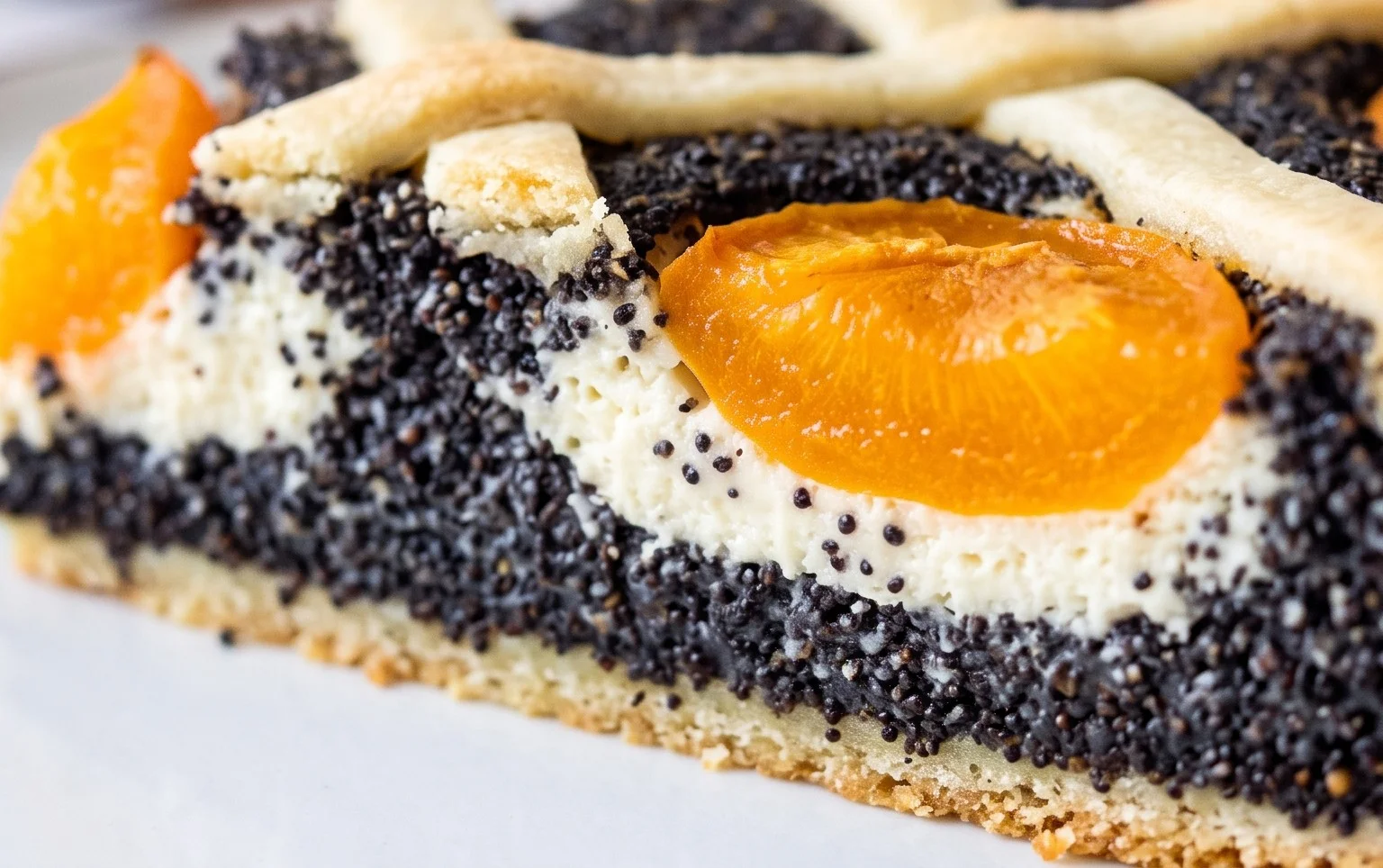 Mohn-Topfengitter-Kuchen mit Marillen