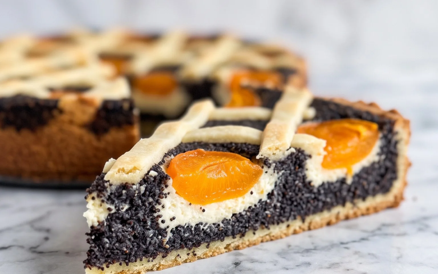 Mohn-Topfengitter-Kuchen mit Marillen: Sommer im Teig